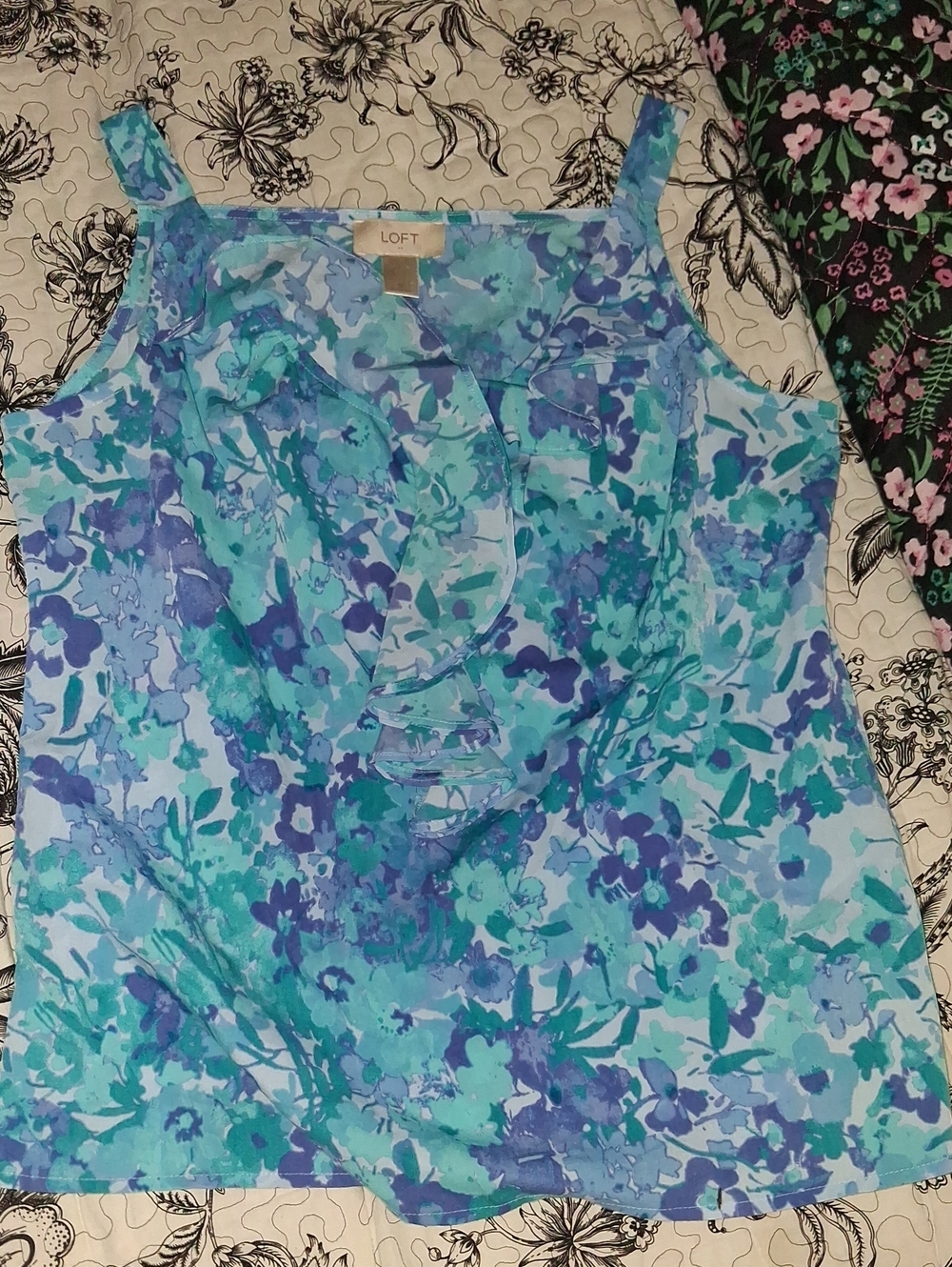 LOFT Aqua and Blue Floral Ruffle Camisole